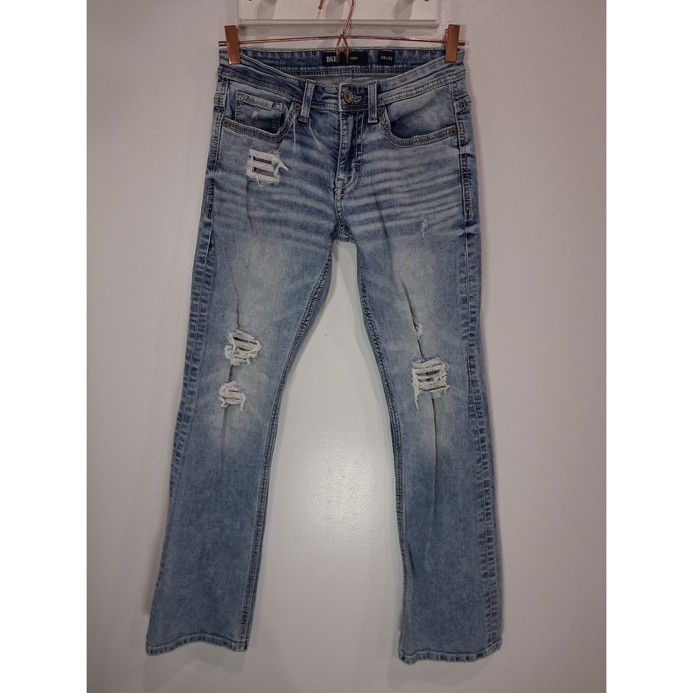 BKE Aiden Slim Bootcut Fit Distressed Light Wash Jeans 29x32 Mens Blue Denim